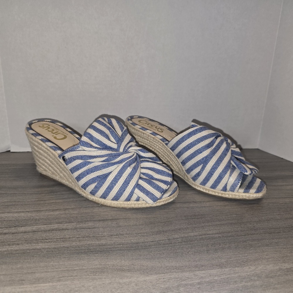 Circus By Sam Edelman Blue & White Striped Bow Espadrille Wedge Sandals Sz 7.5